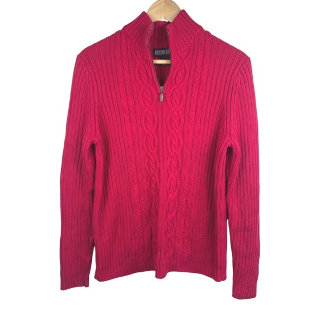 Lands‎ End Preppy Collegiate Cable Knit Half Zip Sweater Red